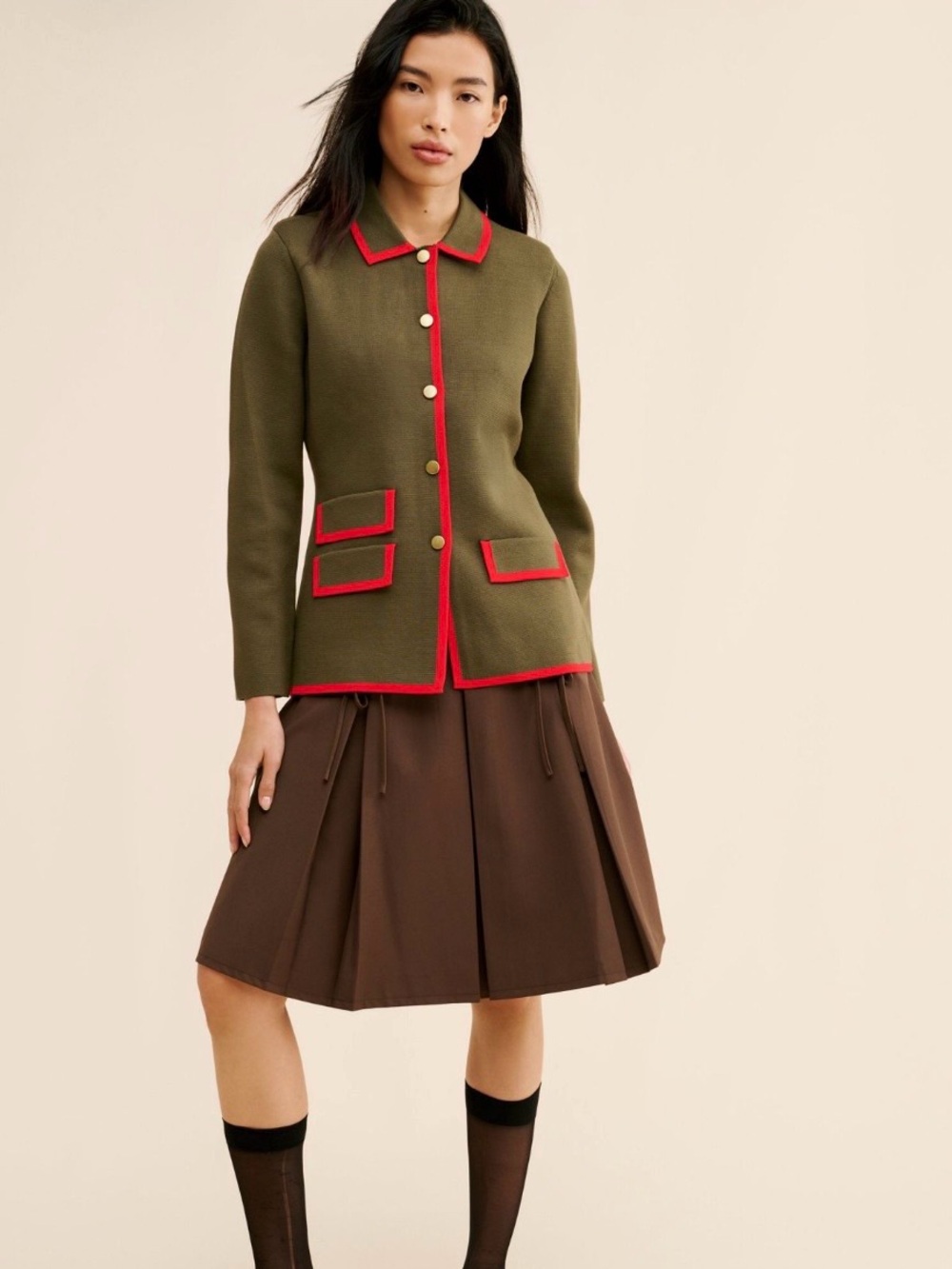 Olive Green Knit Military Style Jacket with Red Trim